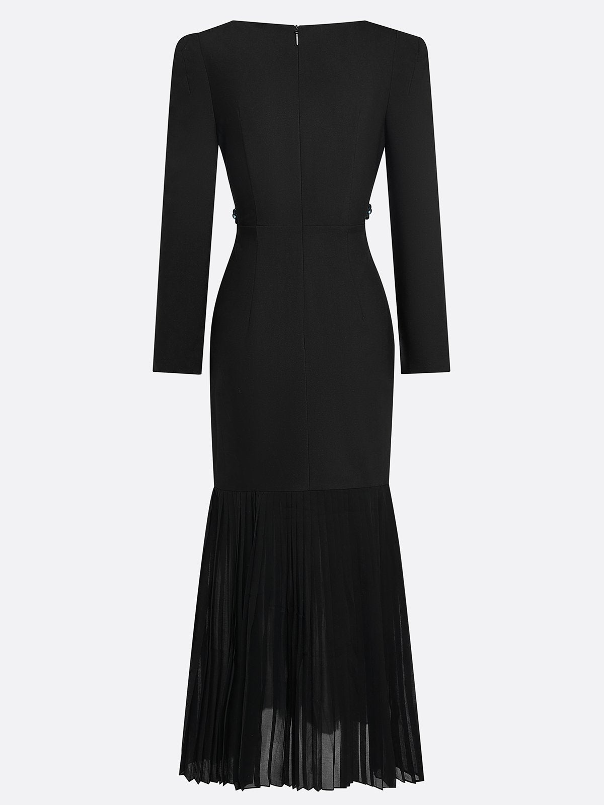Black Pleated 3D Floral Classic Boat Neck Long Sleeve Mermaid Maxi Dress