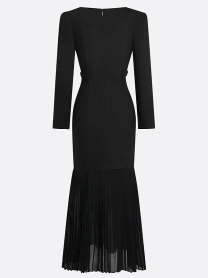 Black Pleated 3D Floral Classic Boat Neck Long Sleeve Mermaid Maxi Dress