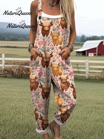 Women's Flying Bees Embroidery Pattern Casual Cotton Wide Leg Jumpsuit