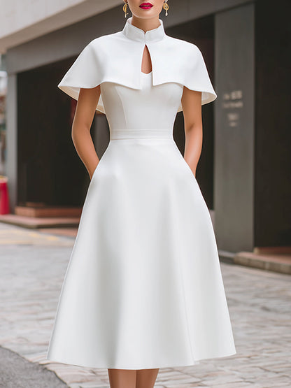 High Neck Cape Sleeve Keyhole A-Line Midi Dress