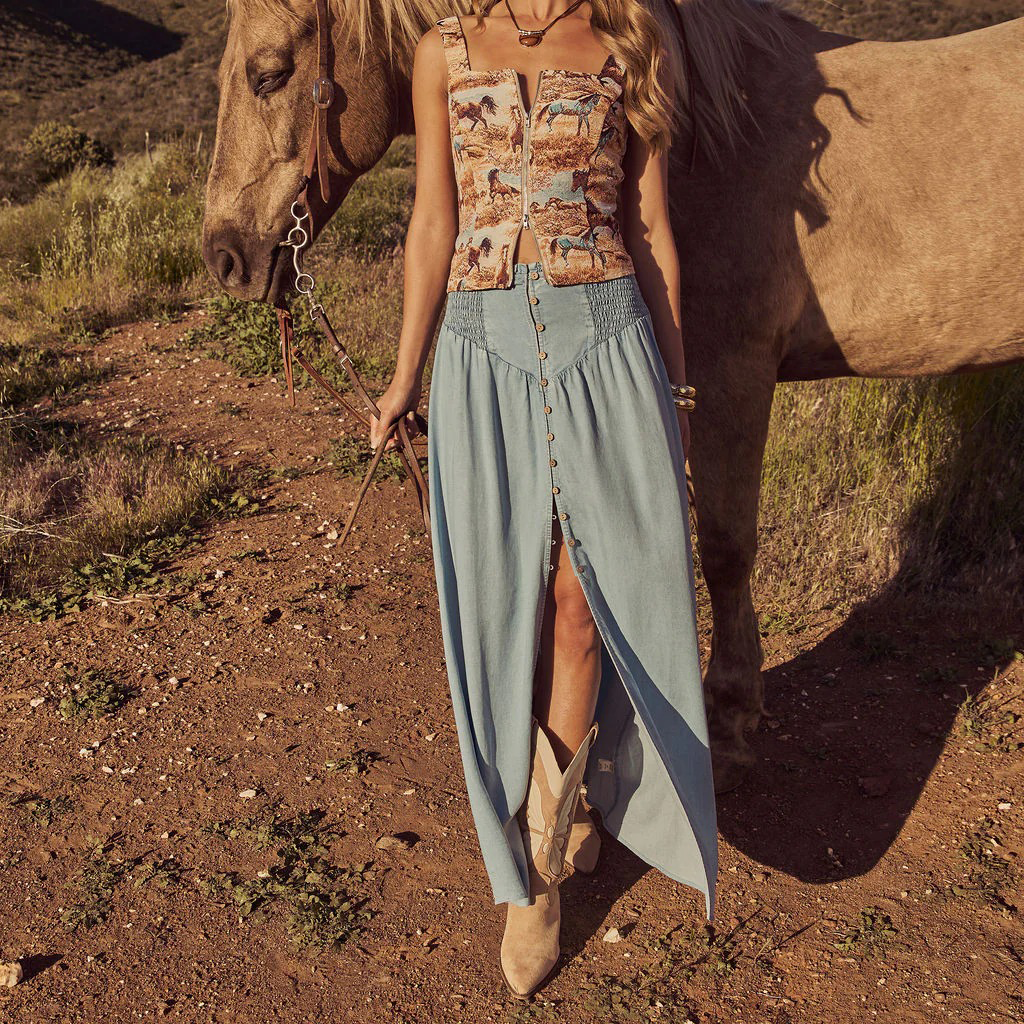 Western Spring Outfits Cotton Maxi Skirt With Front Button Detail And High Side Slit