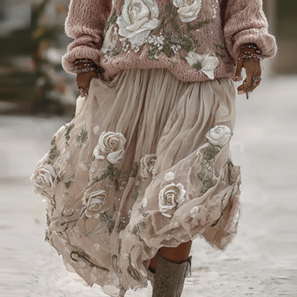 Classic Rose In Pink Art Cozy Knit Round Neck Sweater And Linen Skirt Two-piece Set