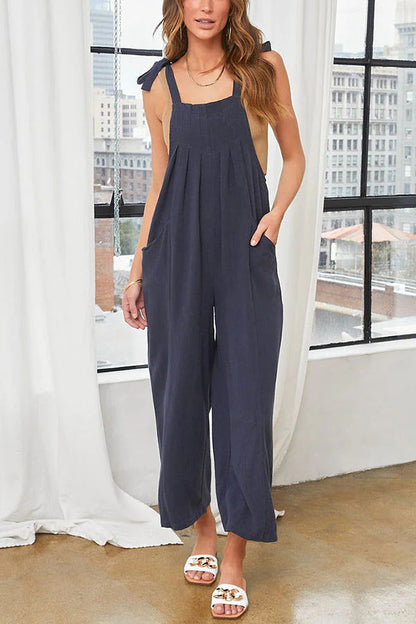 Bonita Linen Blend Pocketed Shoulder Tie Pleated Wide Leg Overalls