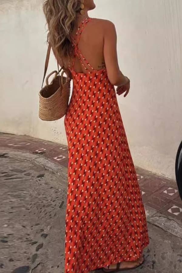 Geometric Print Halter U-Neck Cutout Cross-Back Flowy Maxi Dress