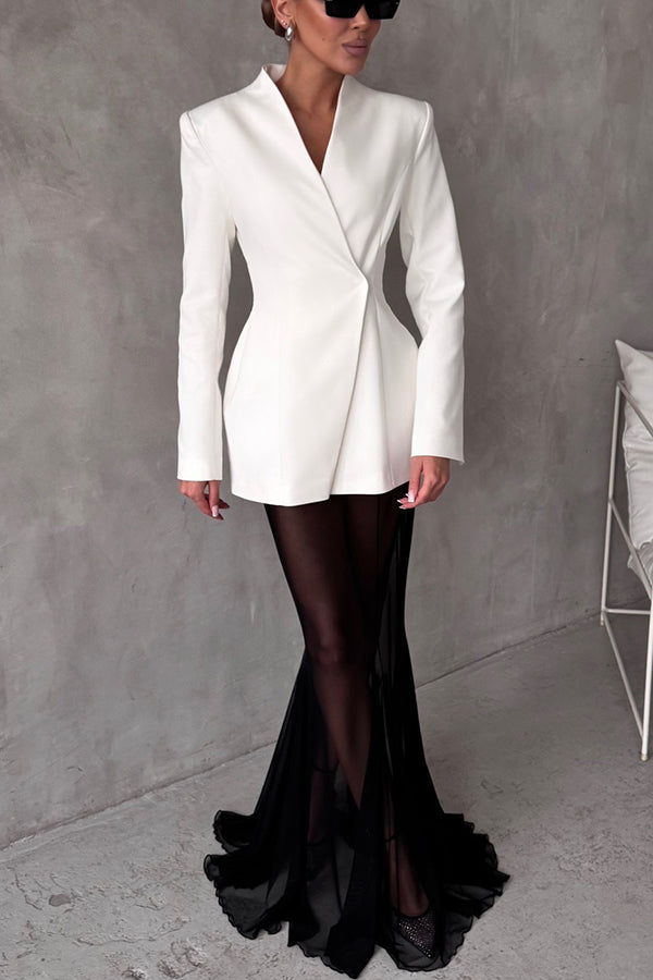 V-neck Single Button Long Sleeve Waisted Blazer