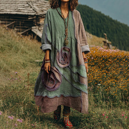 Women's Vintage Floral Art Print V-neck Long-sleeved Dress