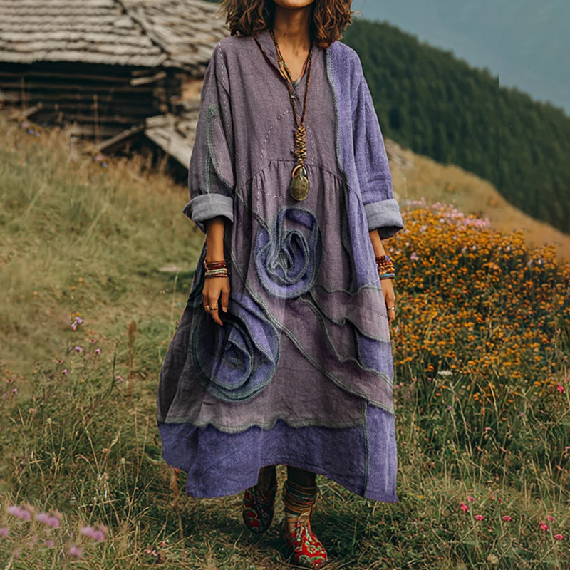 Women's Vintage Floral Art Print V-neck Long-sleeved Dress