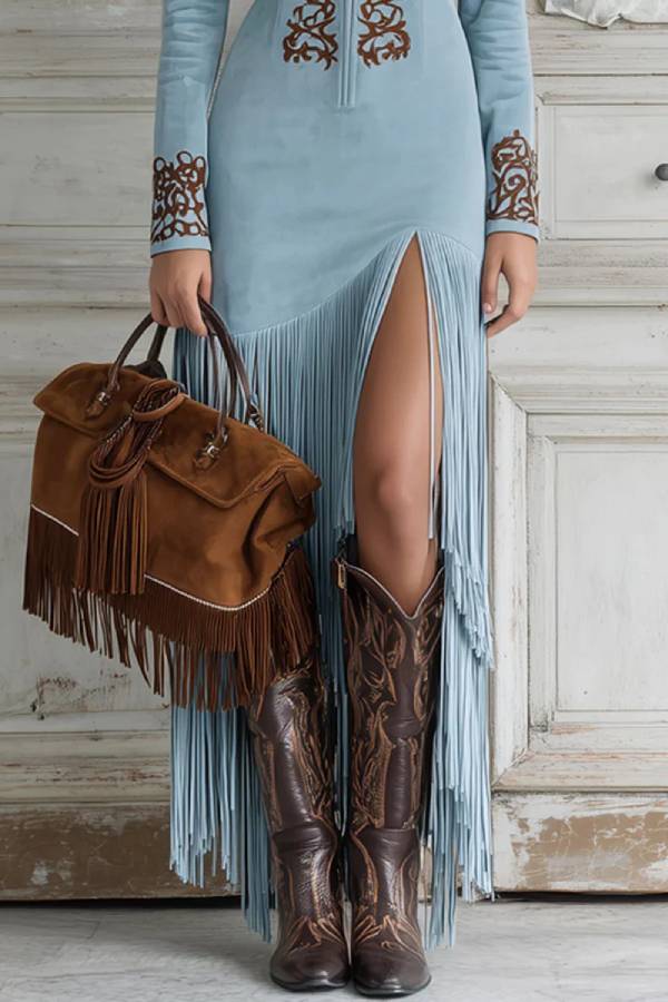 Western Half-Zip Embroidered Faux Suede Fringe Maxi Dress