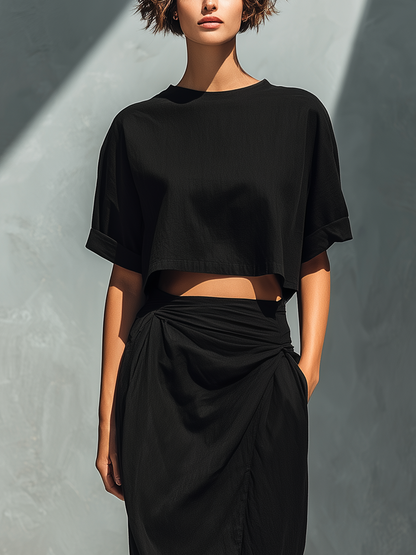 Women’s Black Linen-Blend Cropped T-Shirt & Ruched Wrap Maxi Skirt With Slit Two-Piece Set MDZ2581D0T