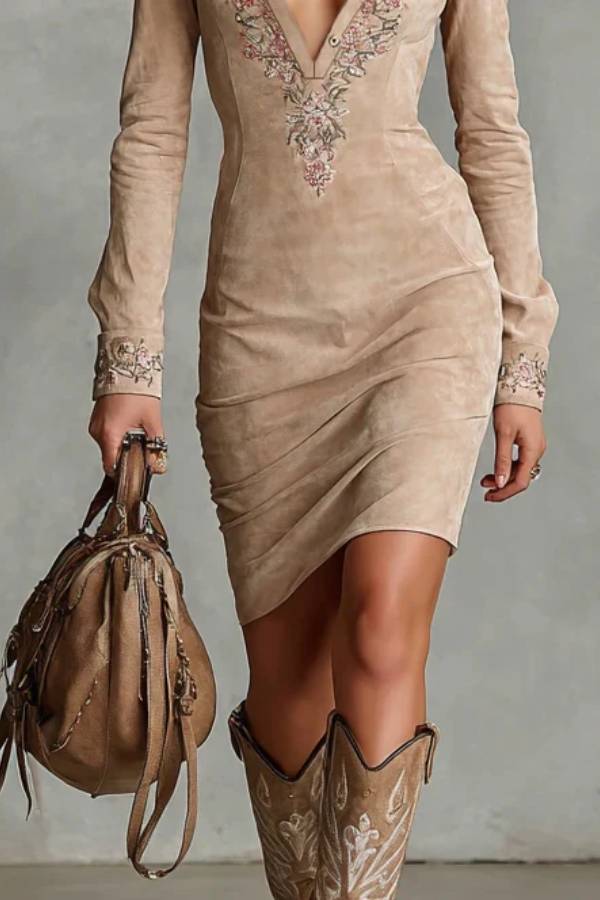 Beige Slim Suede Neck Floral Lapel Midi Dress