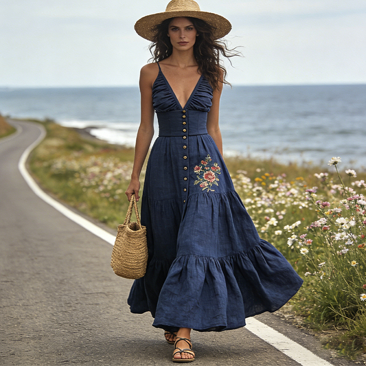 Cotton Linen Embroidered Maxi Dress With V-Neck And Tiered Skirt For Women