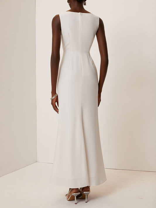 White Floral Classic V Neck Sleeveless A-Line Gown Dress