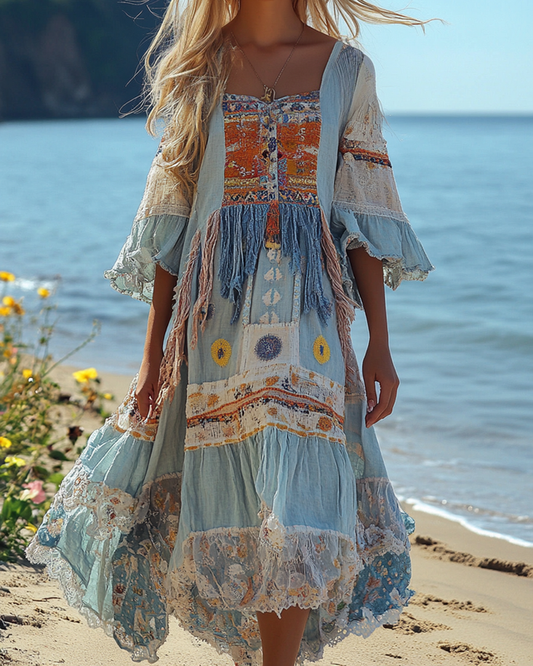 Summer Vacation Seaside Floral Embroidery Lace Patchwork Dress 8003