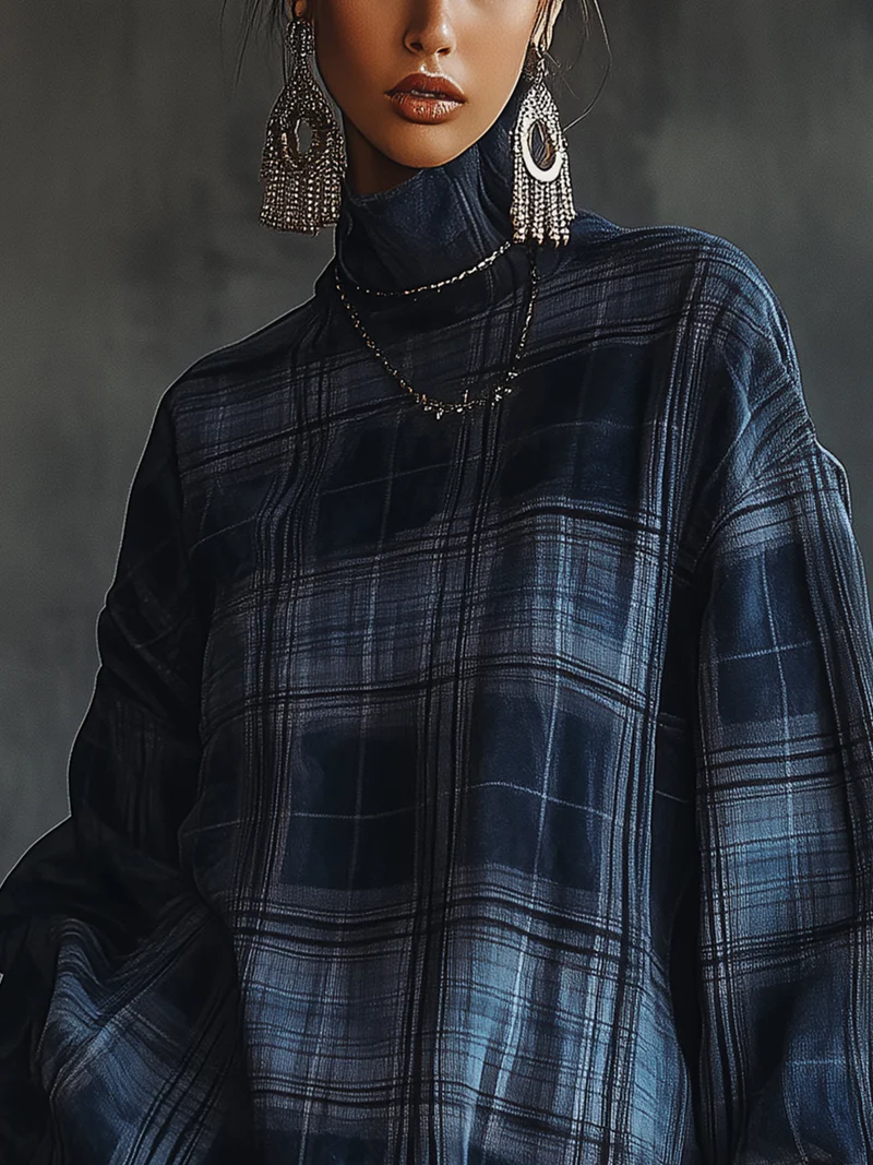 Blue Plaid Turtleneck Mesh Ruffle Mini Dress
