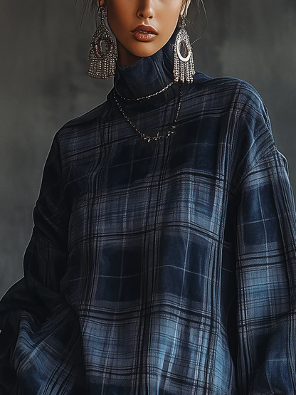 Blue Plaid Turtleneck Mesh Ruffle Mini Dress