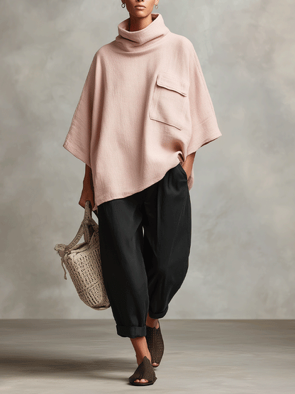 Women's Dusty Pink Woven Poncho Top with Cowl Neck & Patch Pocket, Modern Effortless-Chic Pullover MDA2221I1I