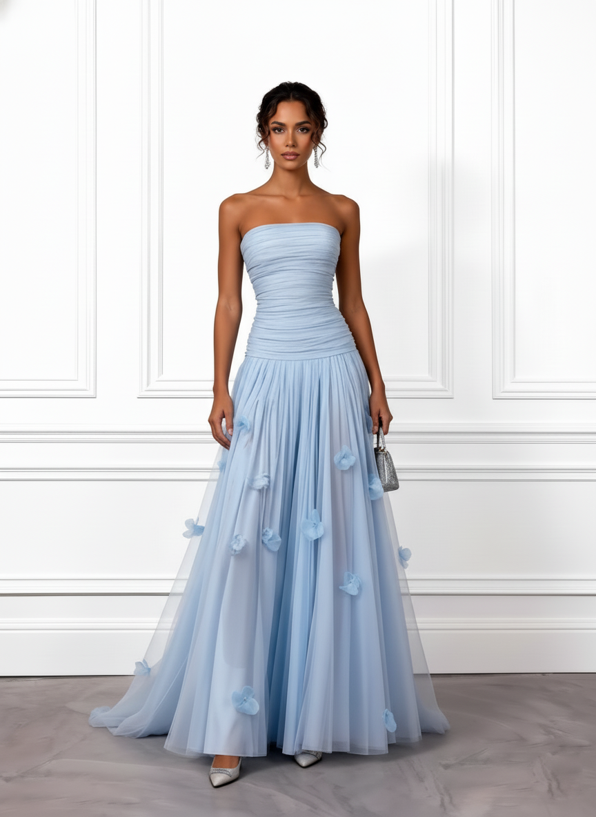 Light Blue 3D Floral Ruched Tulle Strapless Sleeveless A-Line Gown Dress