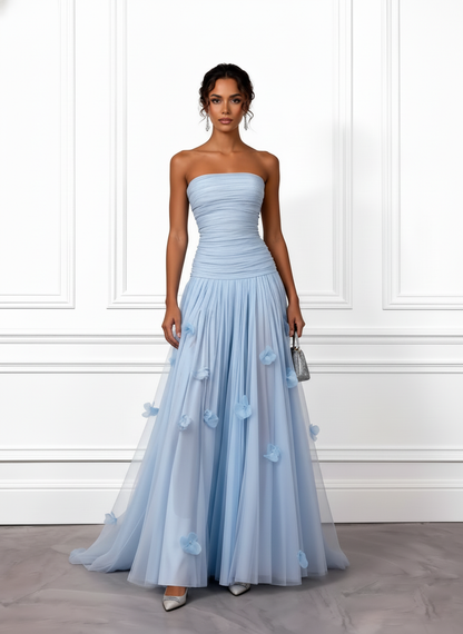 Light Blue 3D Floral Ruched Tulle Strapless Sleeveless A-Line Gown Dress