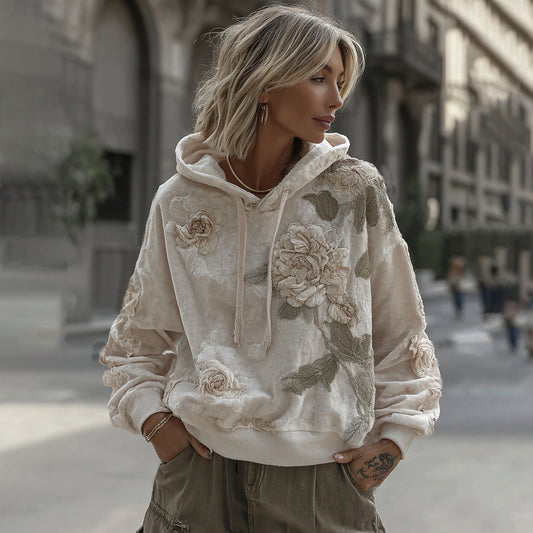 Women's Retro Embroidery Floral Patchwork Art Cozy Hoodie