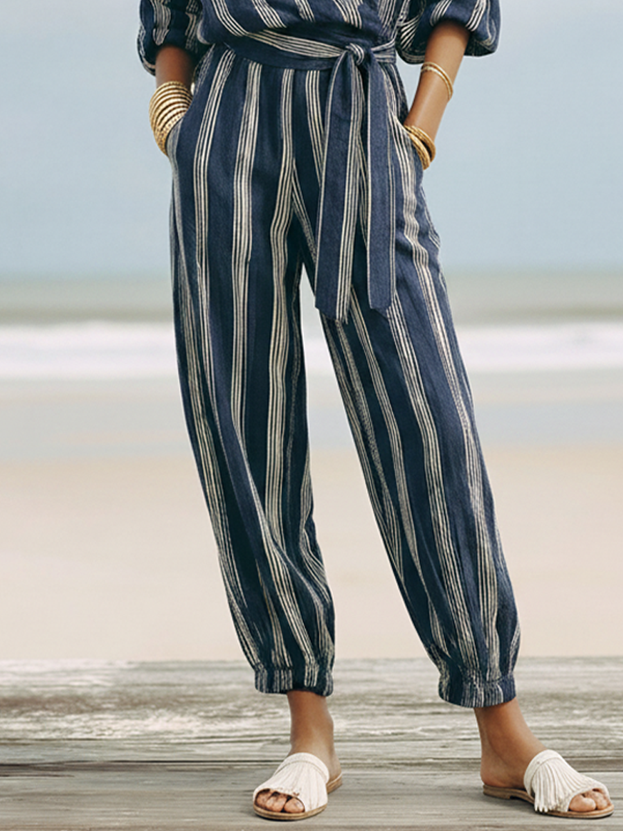 Women's Vacation Navy Blue Linen-Cotton Striped Collared Waisted Cuffed Jumpsuit MDZ2100D5GMJ