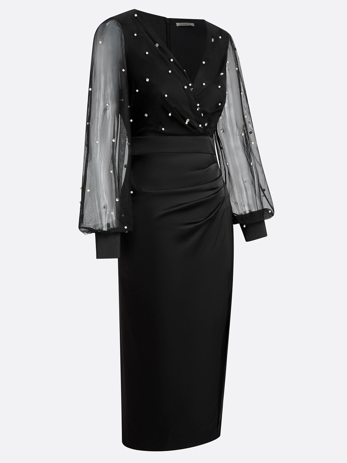 Black Beaded Slit Satin V Neck Long Sleeve Balloon Sleeve Sheath Midi Dress