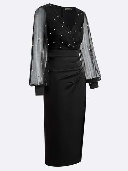 Black Beaded Slit Satin V Neck Long Sleeve Balloon Sleeve Sheath Midi Dress