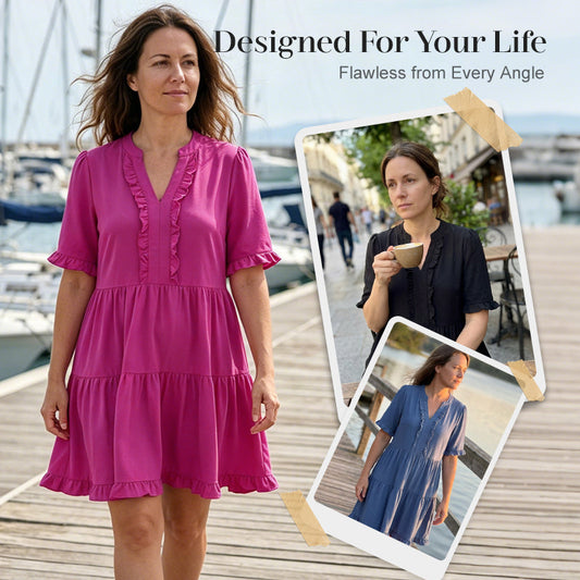🔥🌈2026 Summer Hot Sale 49% OFF🌈Women's V Neck Ruffle Casual A-Line Flowy Swing Shift Dress