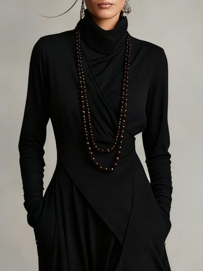 Purple High-neck Asymmetrical Pleated Maxi Dress(Necklace not included)