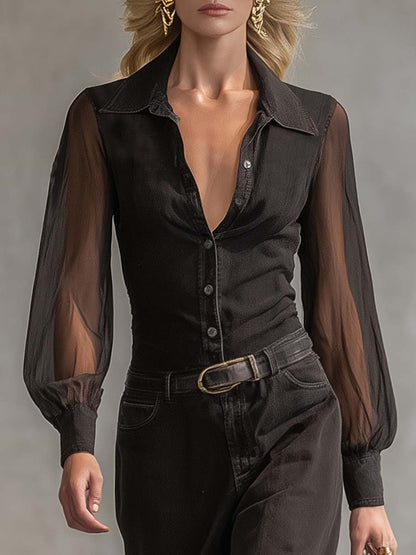 Vintage Western Front Button V-Neck Transparent Long Sleeve Black Denim Maxi Dress