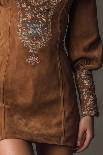 Vintage brown V-neck suede embroidered mini dress