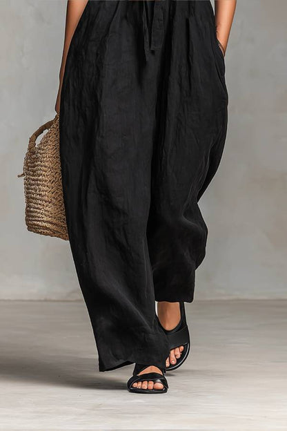 Black Minimalist Loose-fitting Faux Linen-blend Strapless Jumpsuit