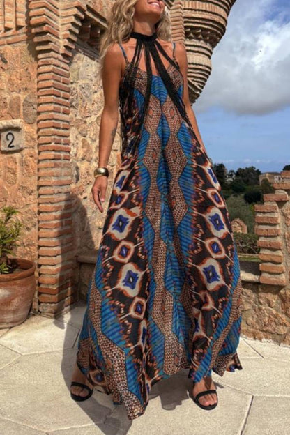 Fringe Halter Neck Geometric Bohemian Print Backless Maxi Dress