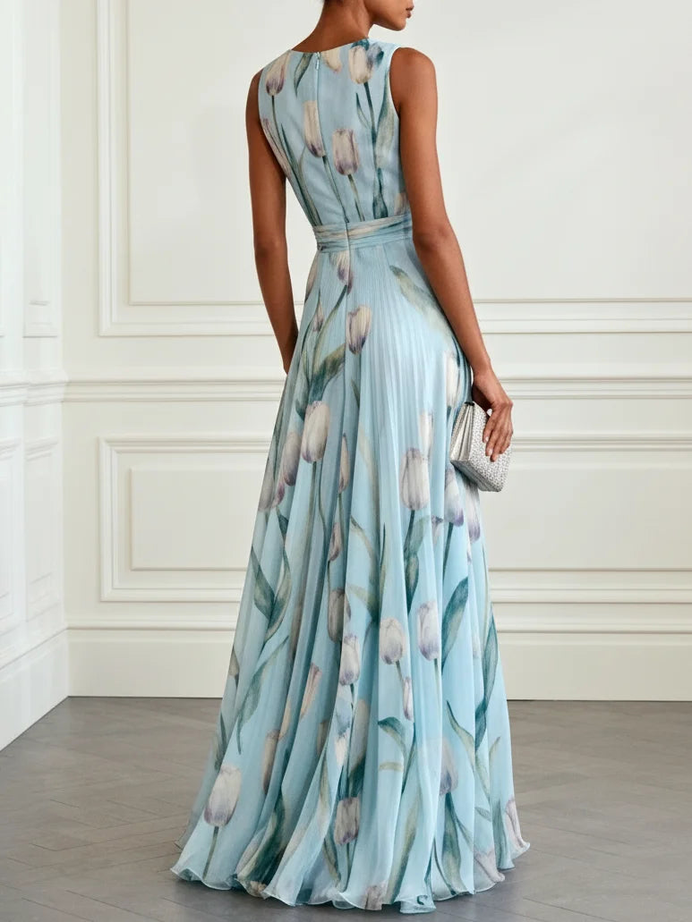 Light Blue Floral Chiffon V Neck Sleeveless A-Line Floor-length Gown Dress