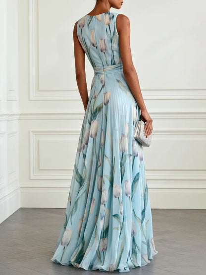 Light Blue Floral Chiffon V Neck Sleeveless A-Line Floor-length Gown Dress