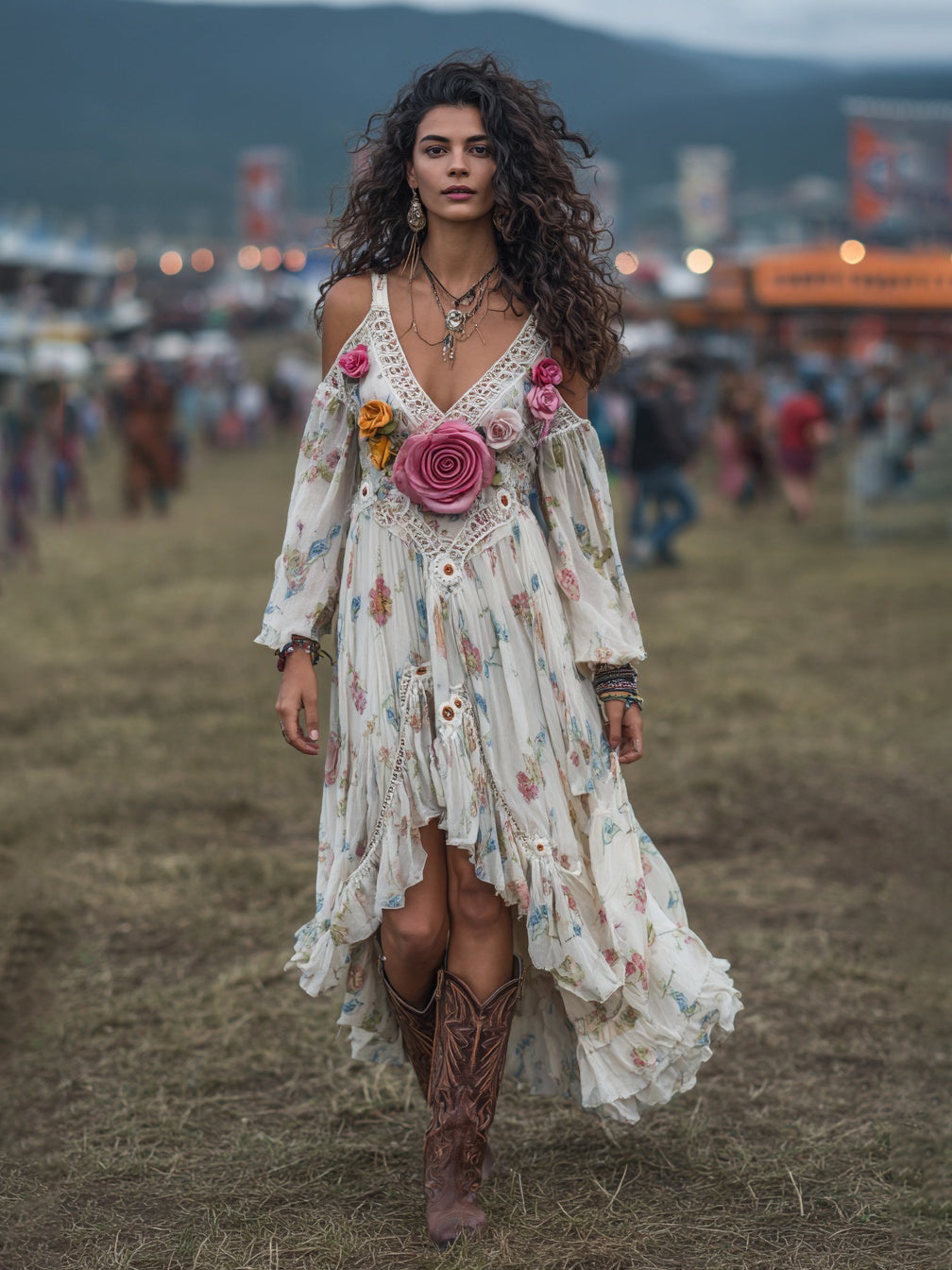 Cotton Floral Bohemian Maxi Dress With 3D Rose Embellishments And Asymmetrical Hem For Festival Wear