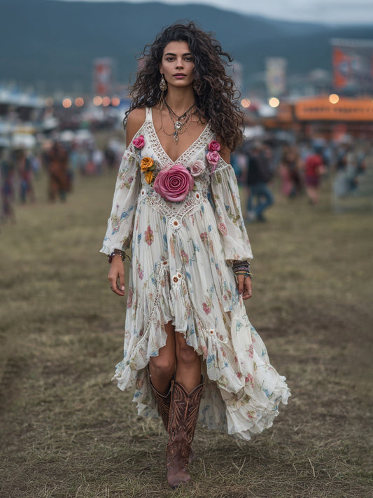 Cotton Floral Bohemian Maxi Dress With 3D Rose Embellishments And Asymmetrical Hem For Festival Wear