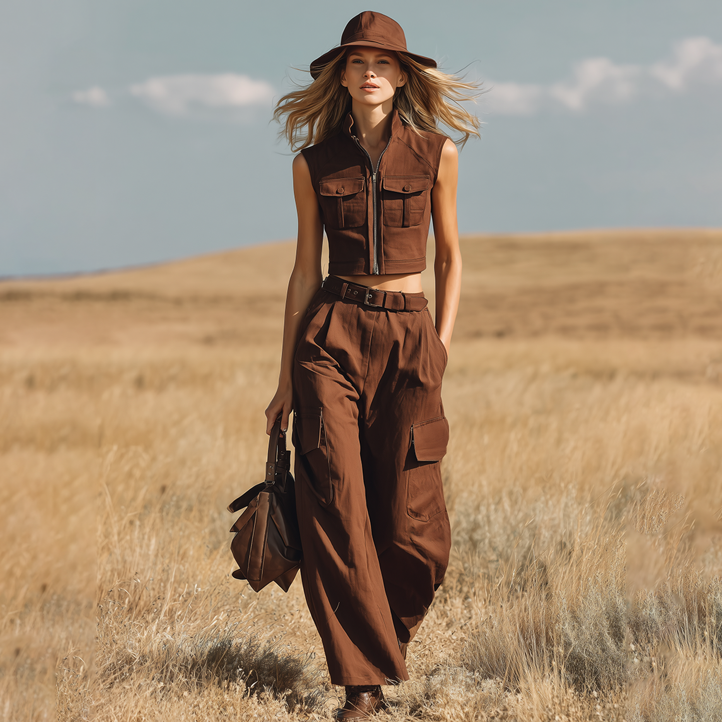 Western Bohemian-style Lapel-collared Sleeveless Zip-up Top And Pocketed Trousers Ensemble
