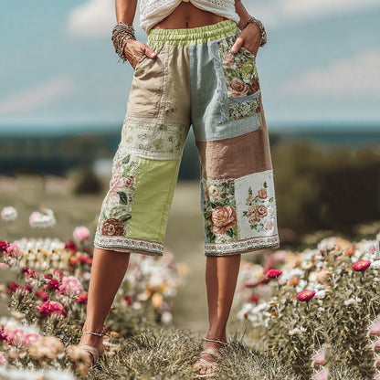 Women's Patchwork Rose Floral Contrast Waist Elastic Pocket Shorts c6d0