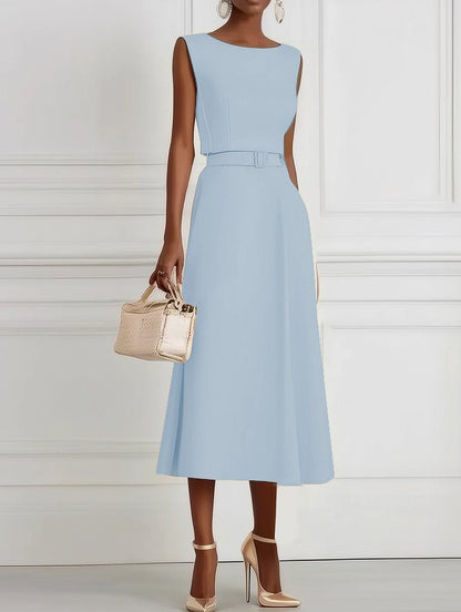 Light Blue Classic Boat Neck Sleeveless A-Line Midi Dress