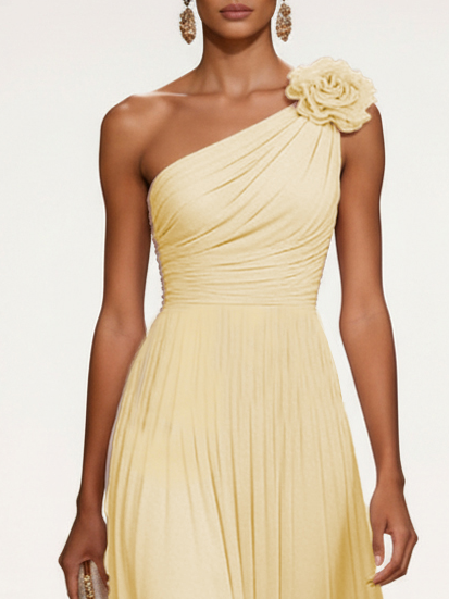 Yellow 3D Floral Gathered Chiffon One Shoulder Sleeveless A-Line Maxi Dress