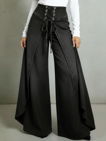 Retro High-waisted Ruffled Hem Tie-waist Loose-fitting Denim Jeans