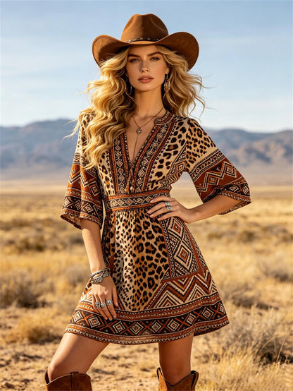 Women's Western Cowboy Boho Leopard Print Cotton Blend Dress With Geometric Pattern And V-Neck Design