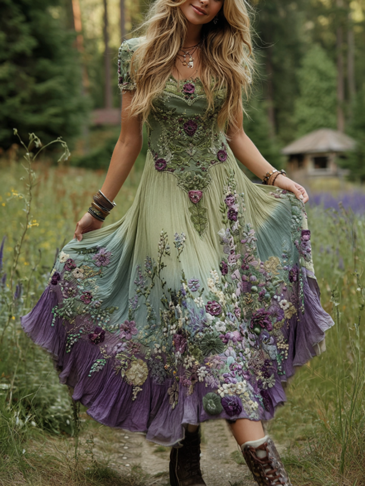 Classy Gradient Purple Lavender And Floral Embroidered Linen Maxi Dress a296
