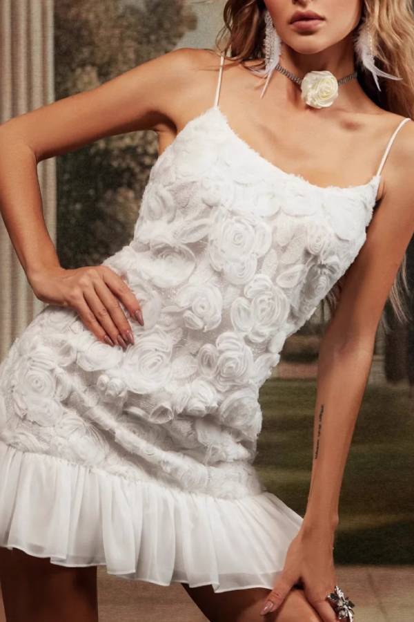 3D Rose Jacquard Spaghetti Strap Ruffle Hem Mini Dress