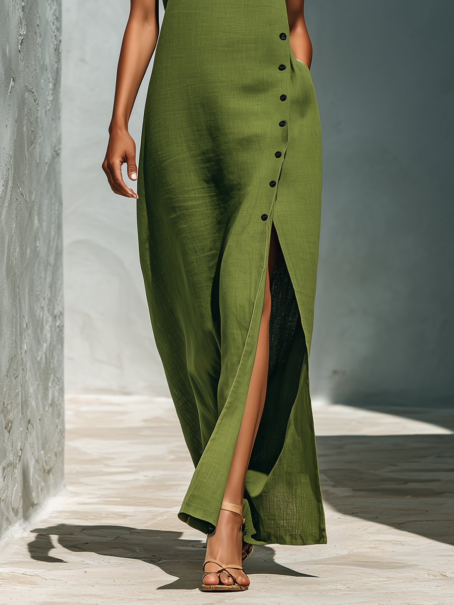 Women’s Olive Green Linen-Blend Sleeveless Round Neck Side Button Slit Maxi Dress With Pockets MDZ2188D7T