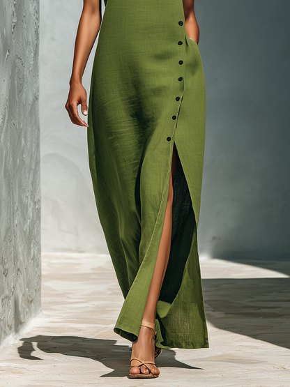 Women’s Olive Green Linen-Blend Sleeveless Round Neck Side Button Slit Maxi Dress With Pockets MDZ2188D7T