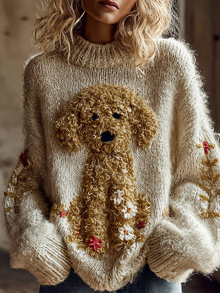 Vintage Toy Poodle With Floral Felt Art Inspired Embroidered Cozy Knit Sweater