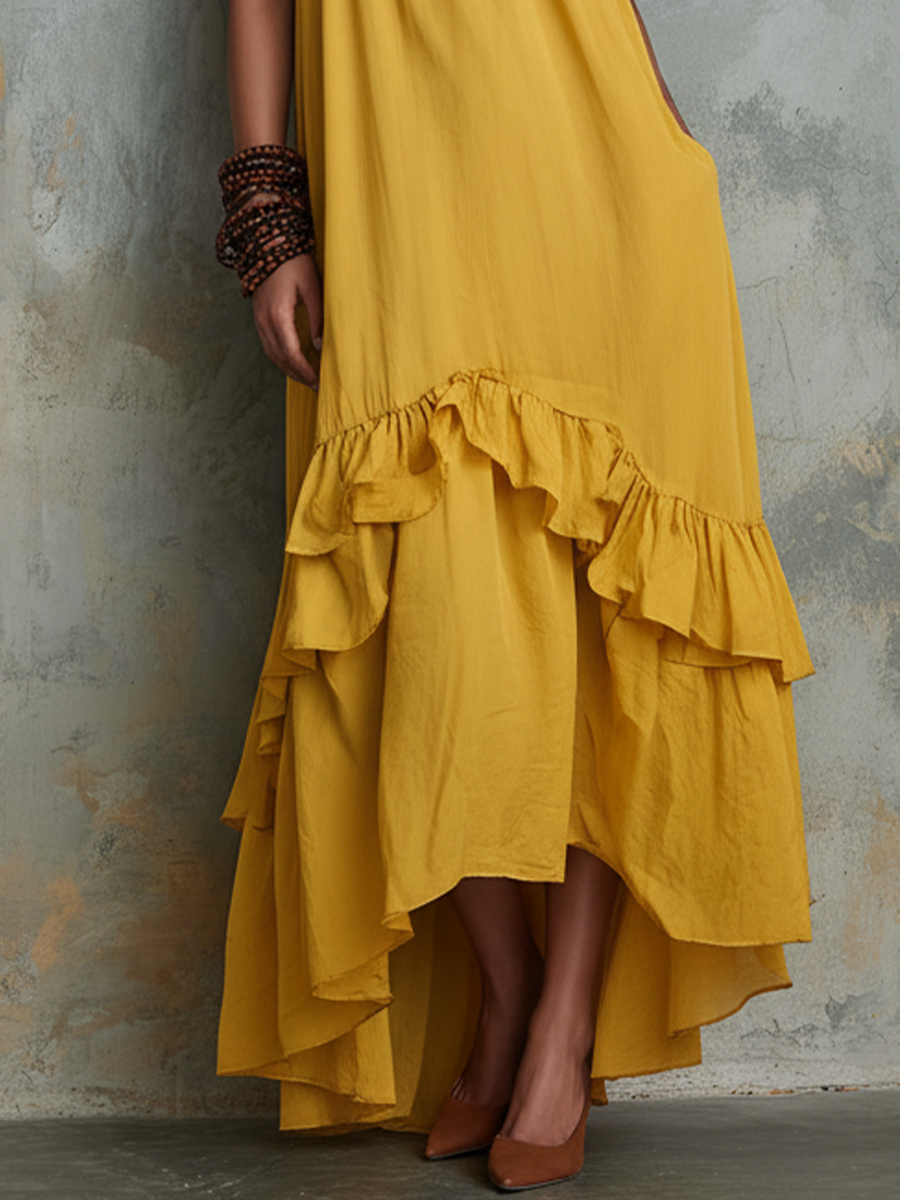 Women’s Resort Style Ginger Yellow Cotton Linen One-Shoulder Ruffled Irregular Long Dress MDZ2291D1GMJ