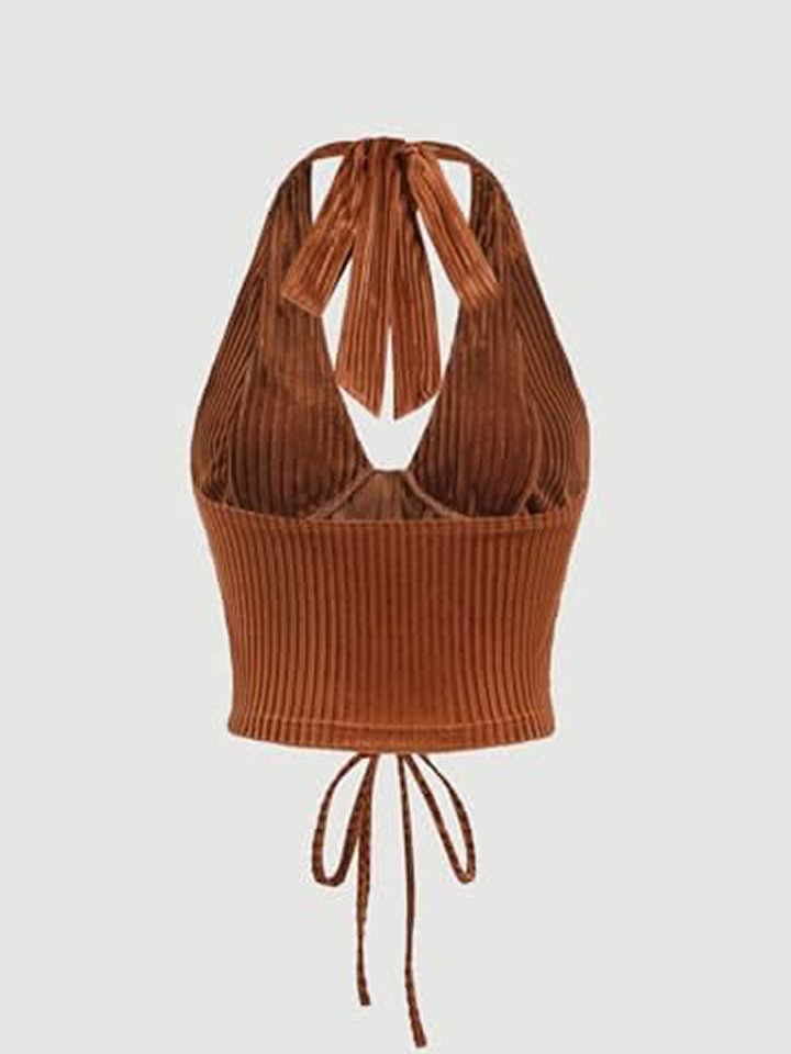 Corduroy Halter Neck Crop Top With Front Lace-Up Detail