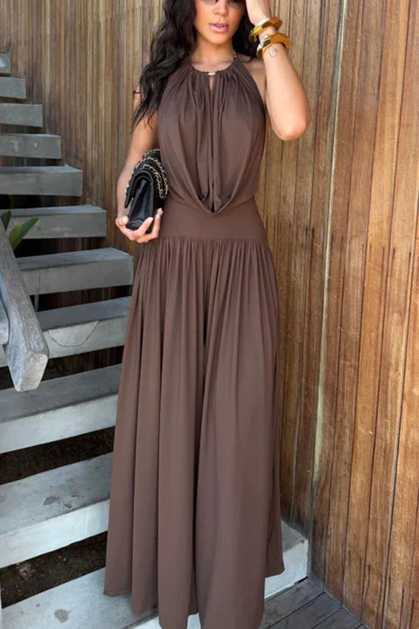 Lightweight Chic Metal Ring Drape Cowl Halter Neck Stretch Bodysuit